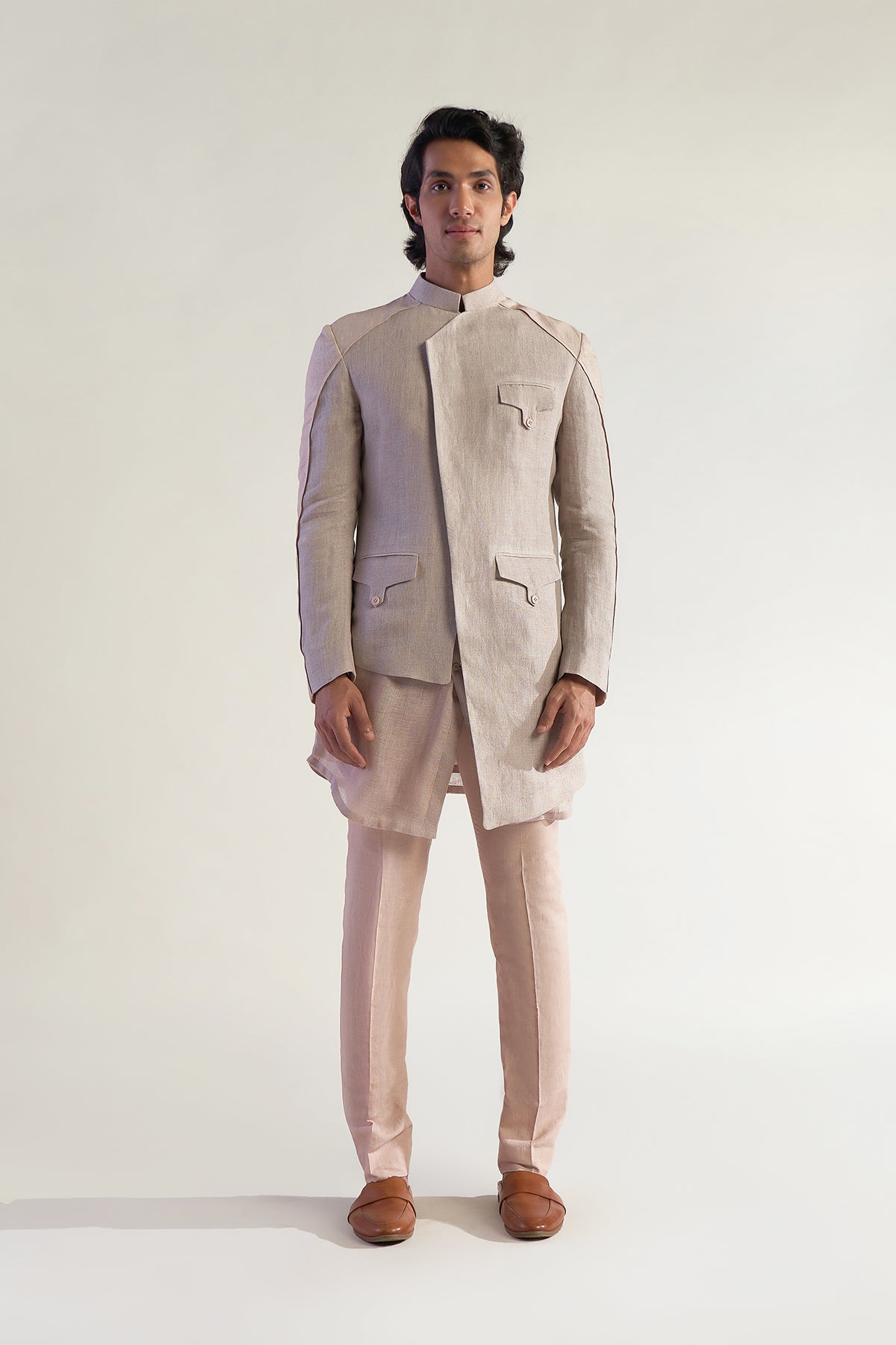 Beige 3 Packet One Sided Long Jacket With Kurta