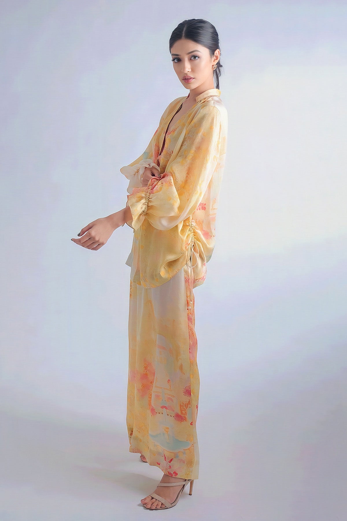 Puff Sleeve With String Detail Top Paired With Flare Pants