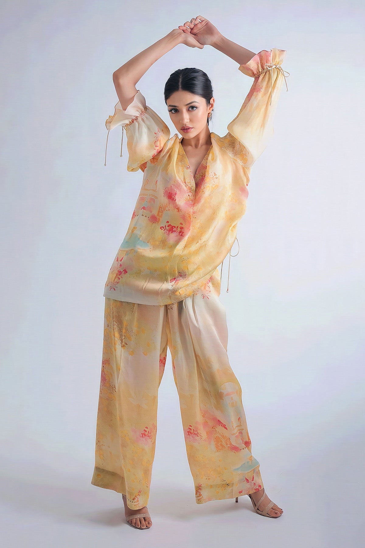 Puff Sleeve With String Detail Top Paired With Flare Pants