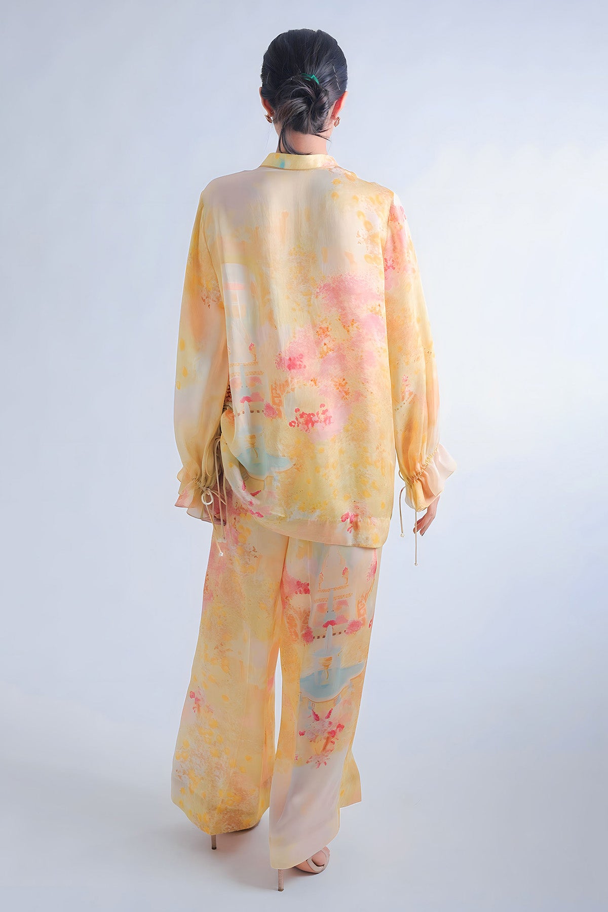 Puff Sleeve With String Detail Top Paired With Flare Pants