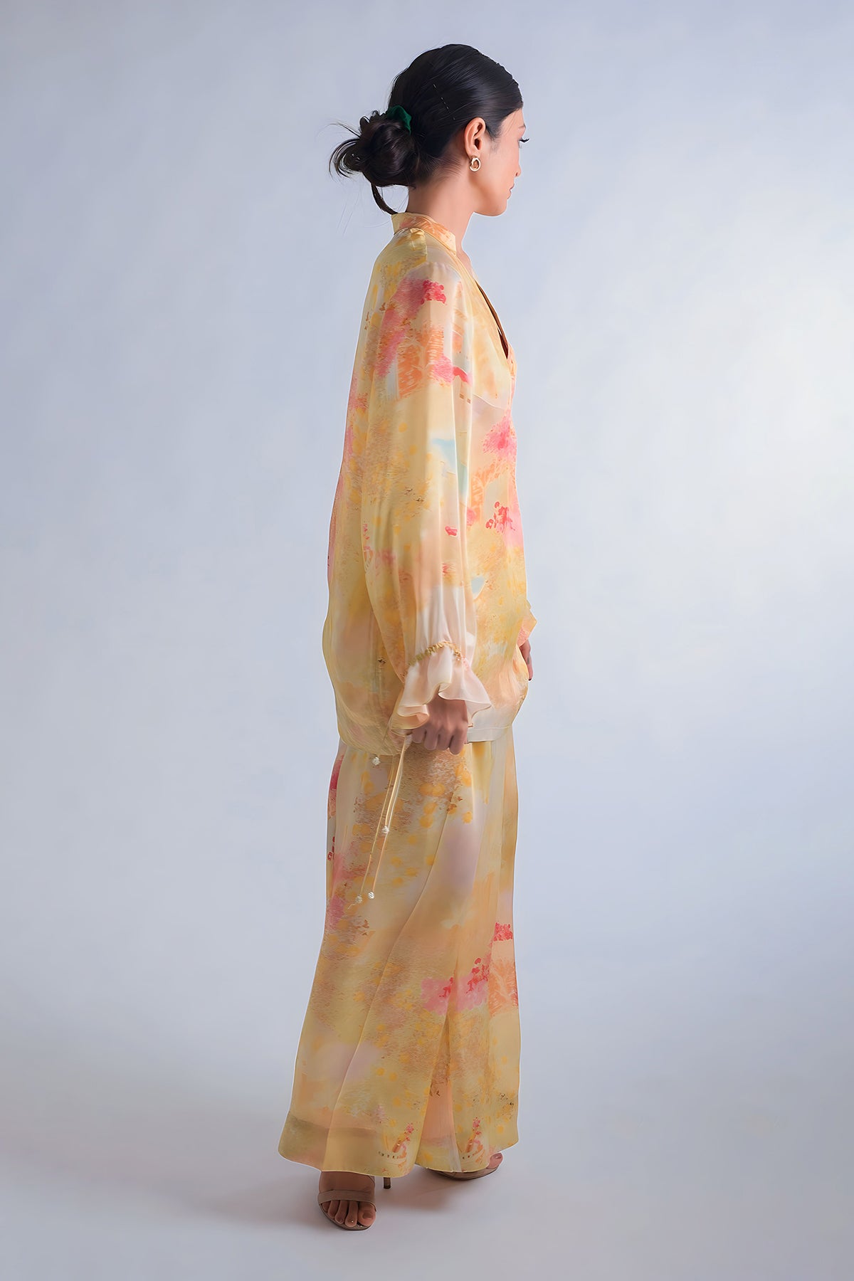 Puff Sleeve With String Detail Top Paired With Flare Pants