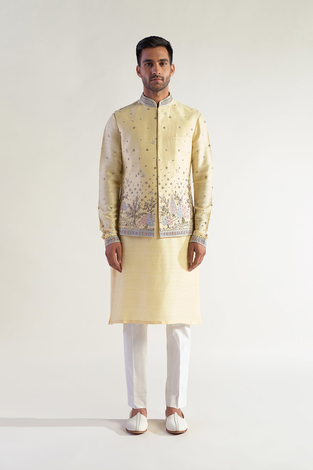 Embroidered Jacket with Silk Kurta and Pants