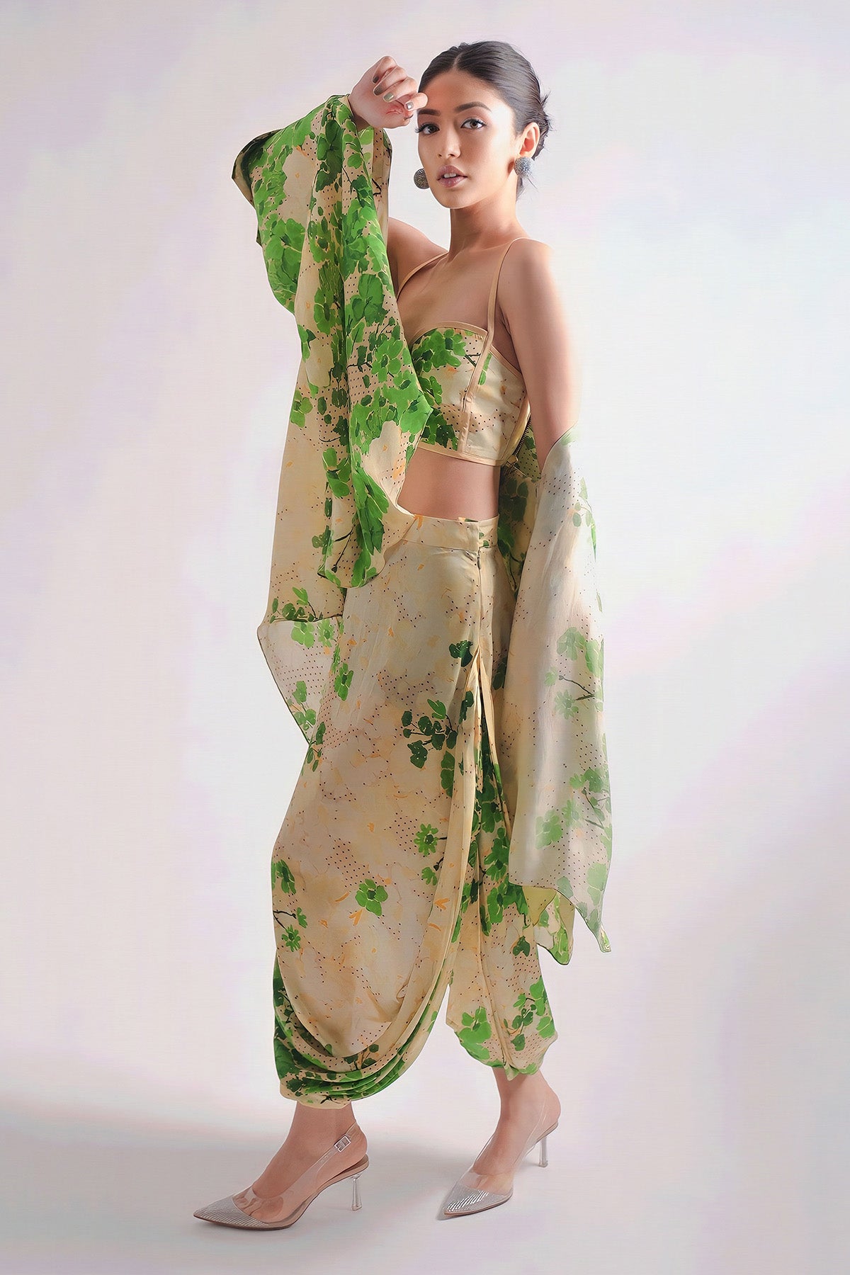 Cowl Slirt Paired With Bustier And Cape