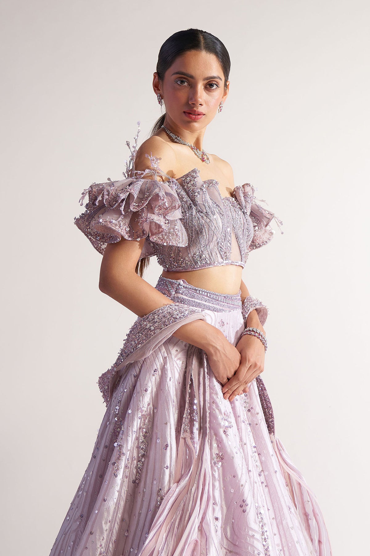 Off Shoulder Blouse with Applique Lehenga