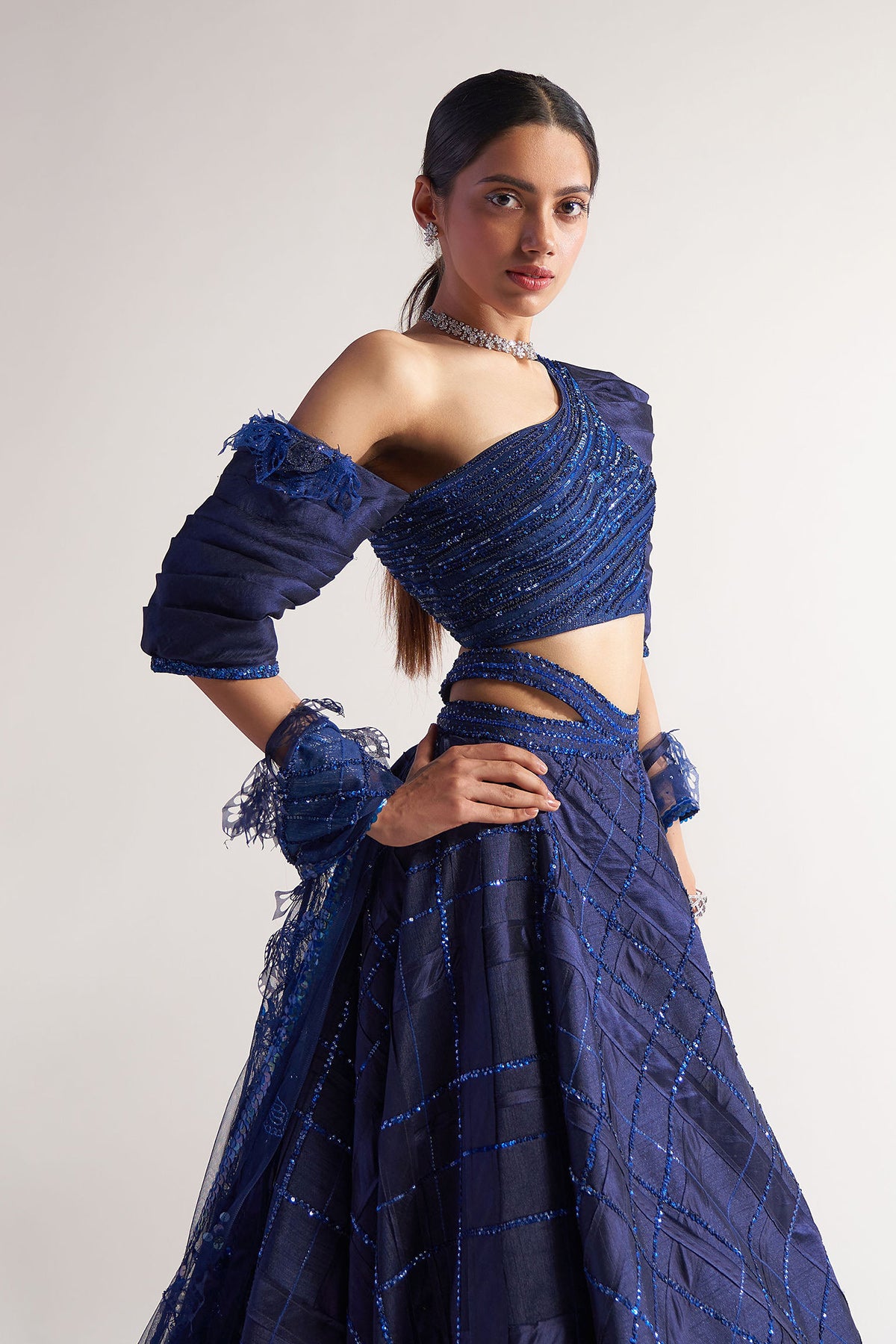Midnight Blue Appliqued Flared Lehenga