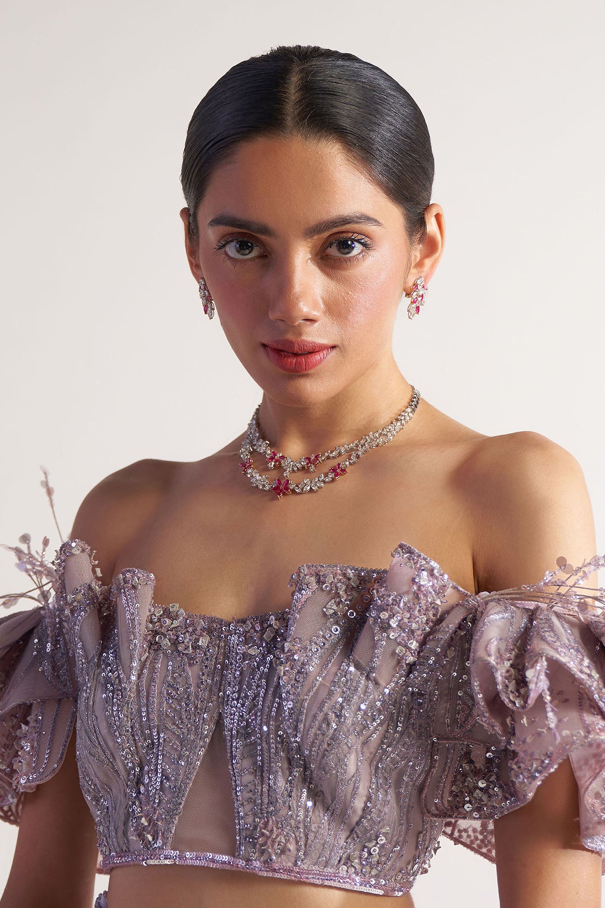 Off Shoulder Blouse with Applique Lehenga