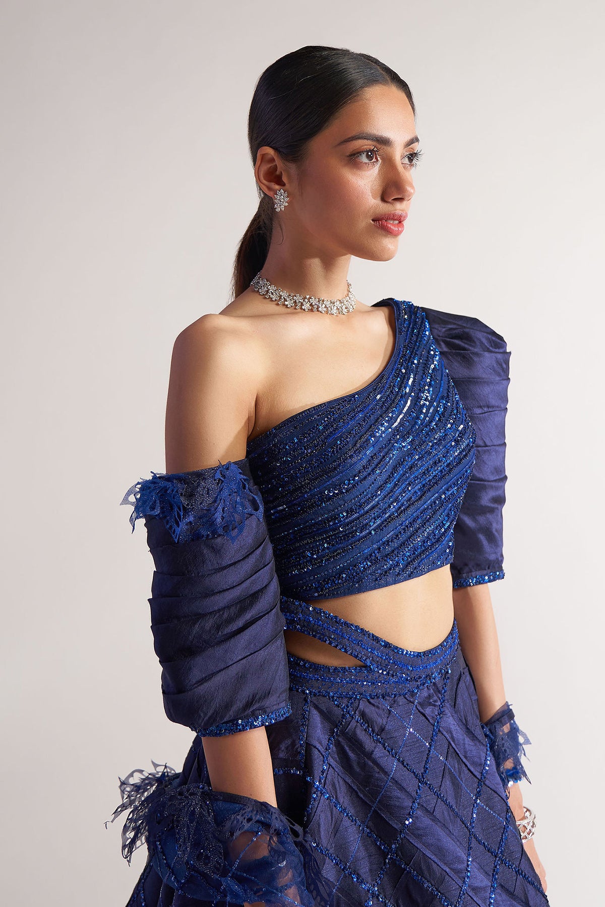Midnight Blue Appliqued Flared Lehenga