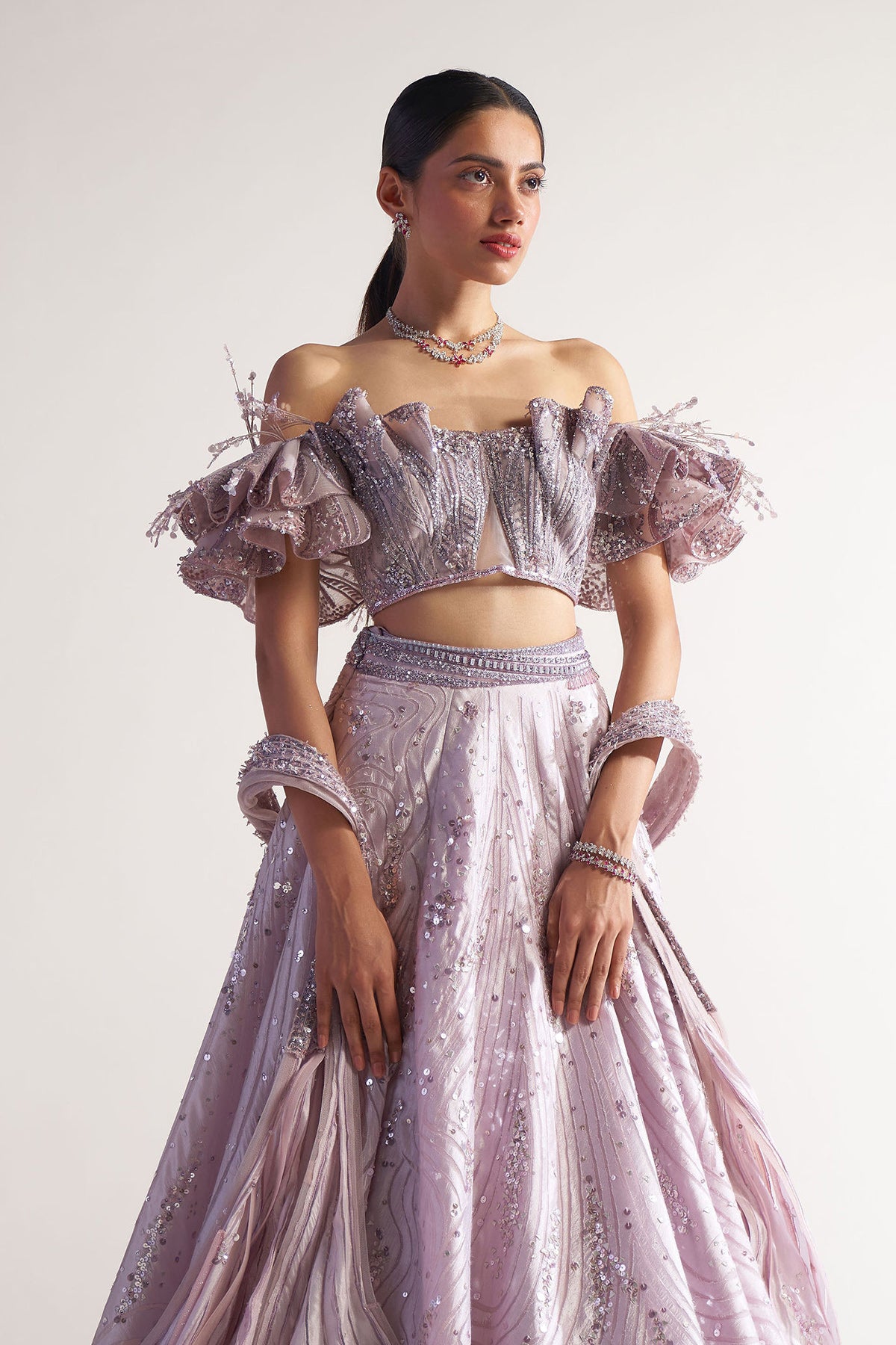 Off Shoulder Blouse with Applique Lehenga