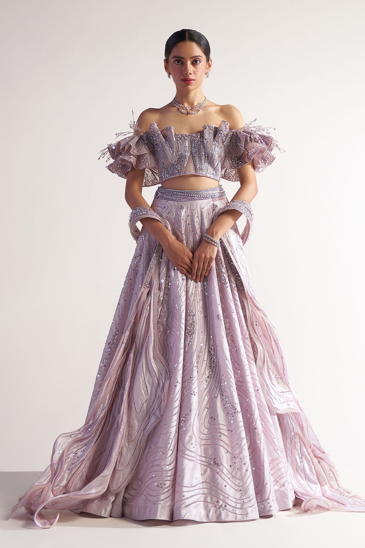 Off Shoulder Blouse with Applique Lehenga