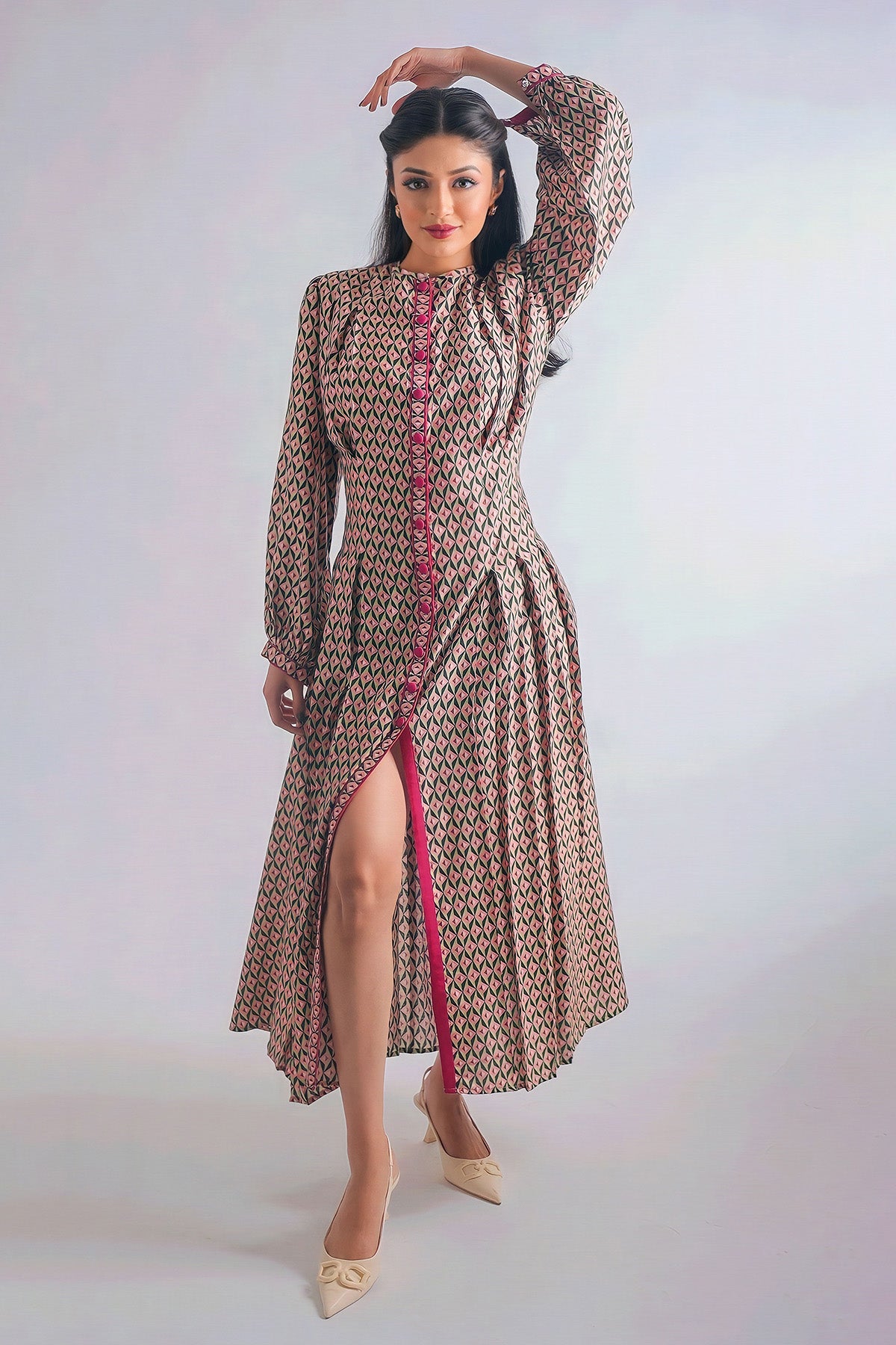 Shirt Dress With Puffed Sleeve Detailing