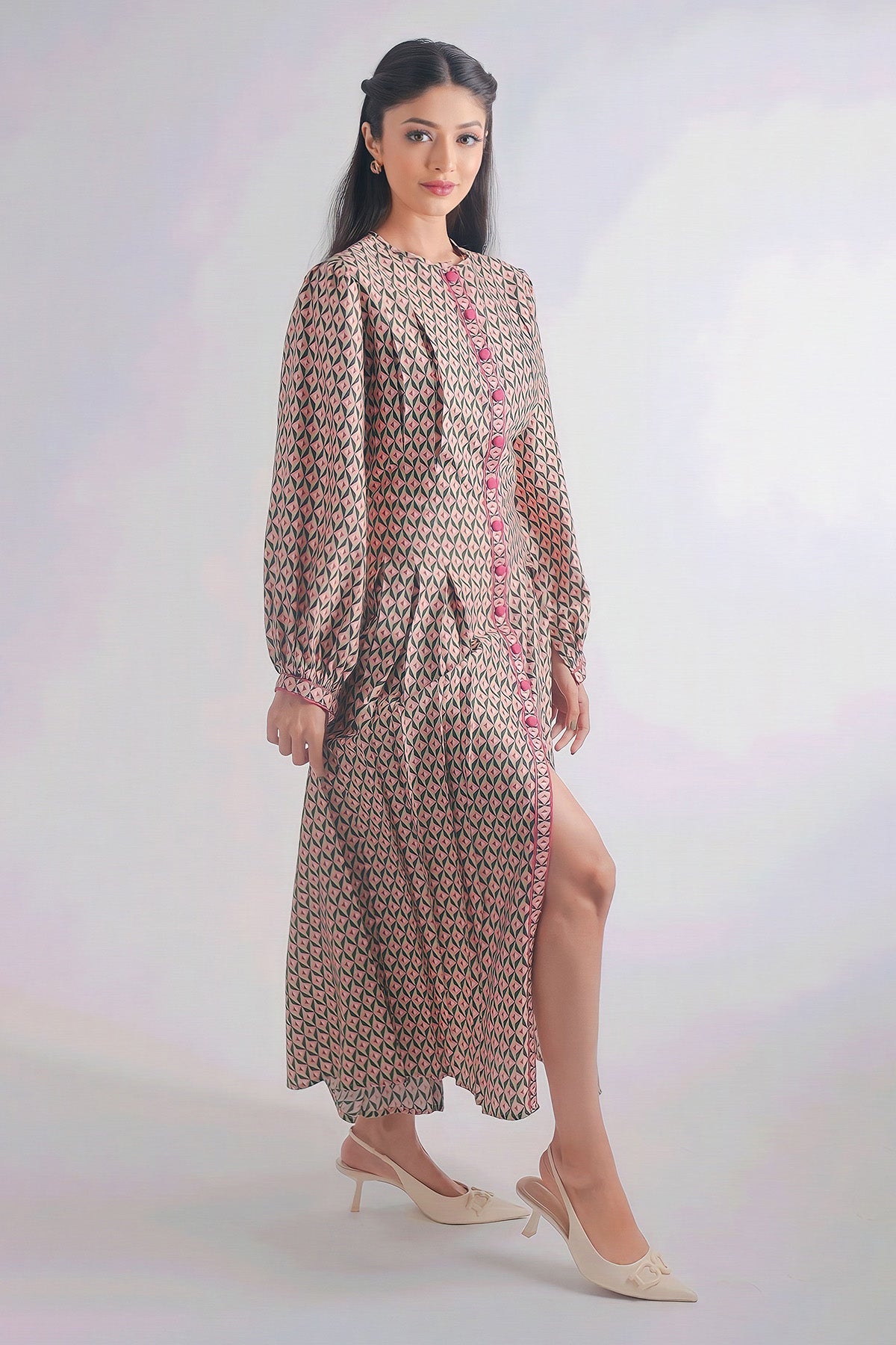 Shirt Dress With Puffed Sleeve Detailing