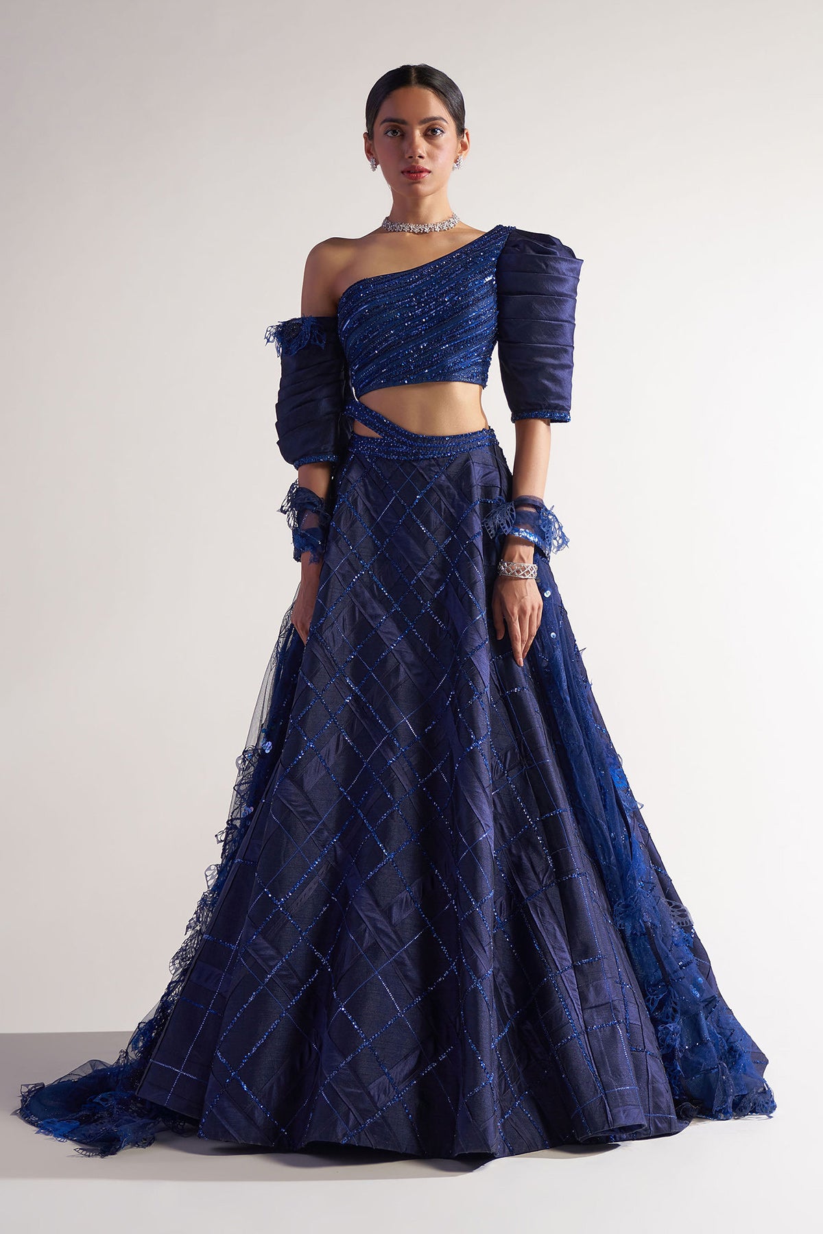 Midnight Blue Appliqued Flared Lehenga